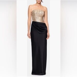 Betsy & Adam Gold Sequin Black Strapless Corset Gathered Draped Maxi Dress